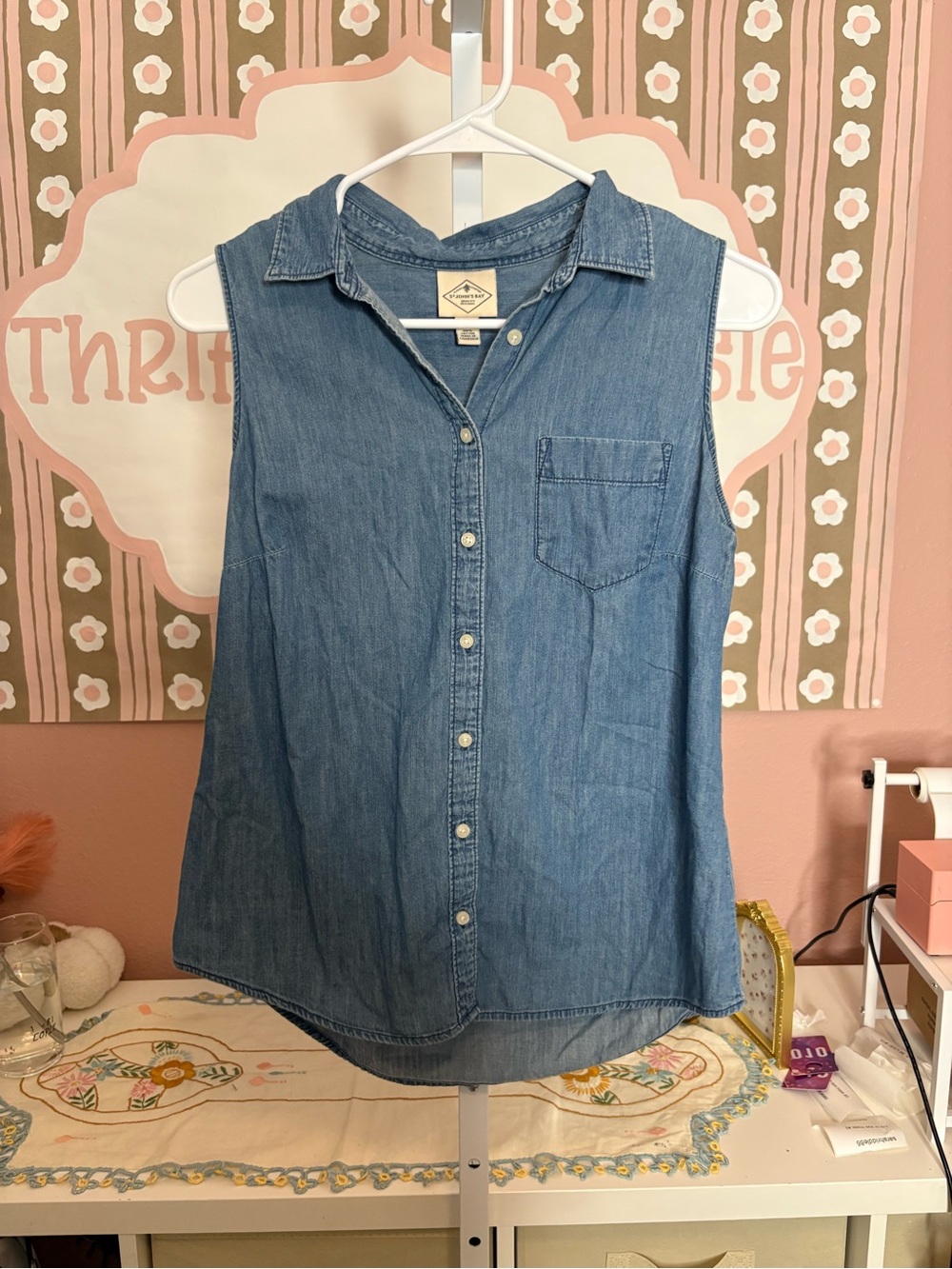 St. John's Bay Sleeveless Chambray Button-Down Top - Denim Blue